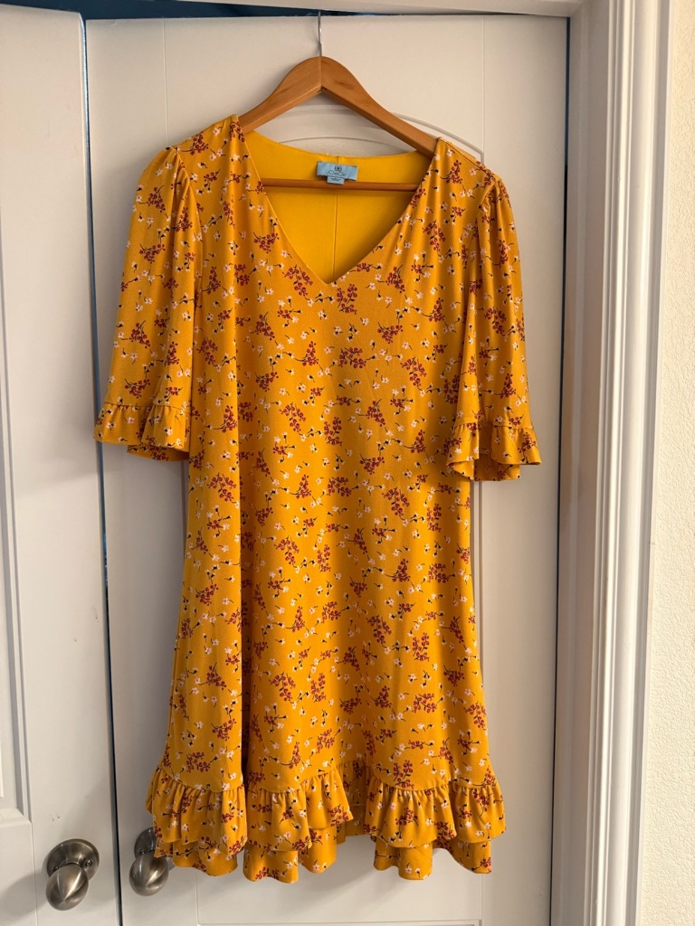 CeCe Large Mustard Yellow Floral V-Neck Dress